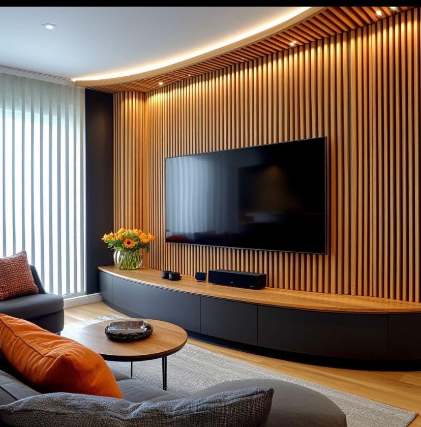 Curved vertical oak slat media wall with a recessed television and warm cove lighting
