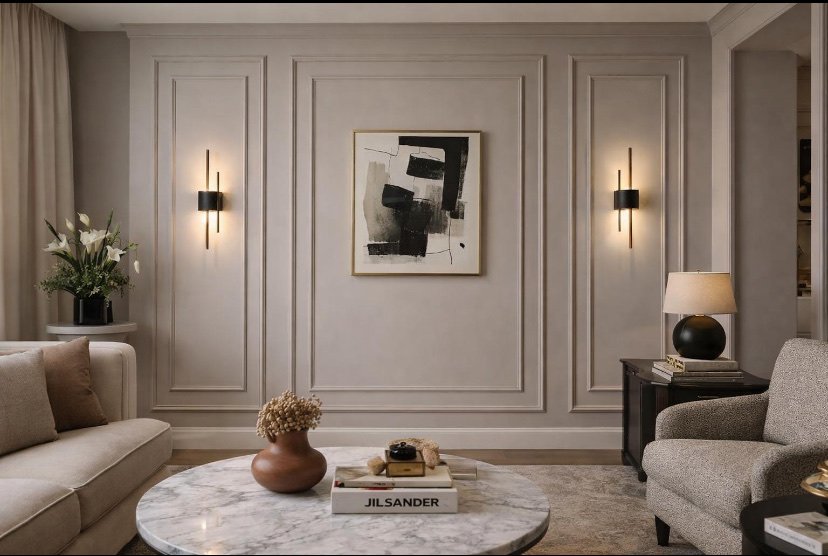 Living room with picture-frame moulding panels, plaster tones and slim black sconces