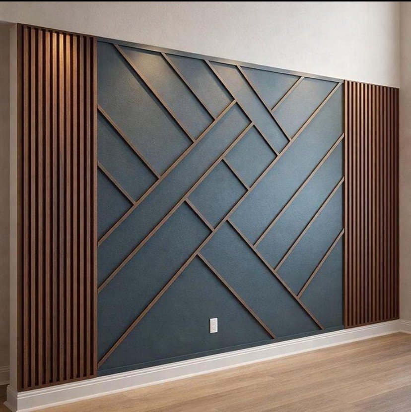 Deep blue wall with walnut geometric trim composition between vertical slat panels