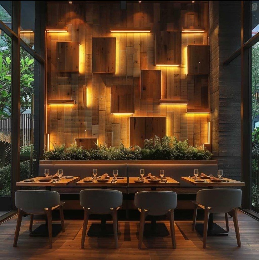 Restaurant feature wall of layered reclaimed wood boxes with warm integrated lighting