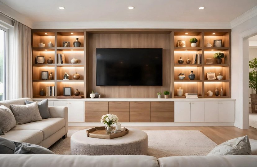 White and oak built-in shelving with lit niches around a recessed television
