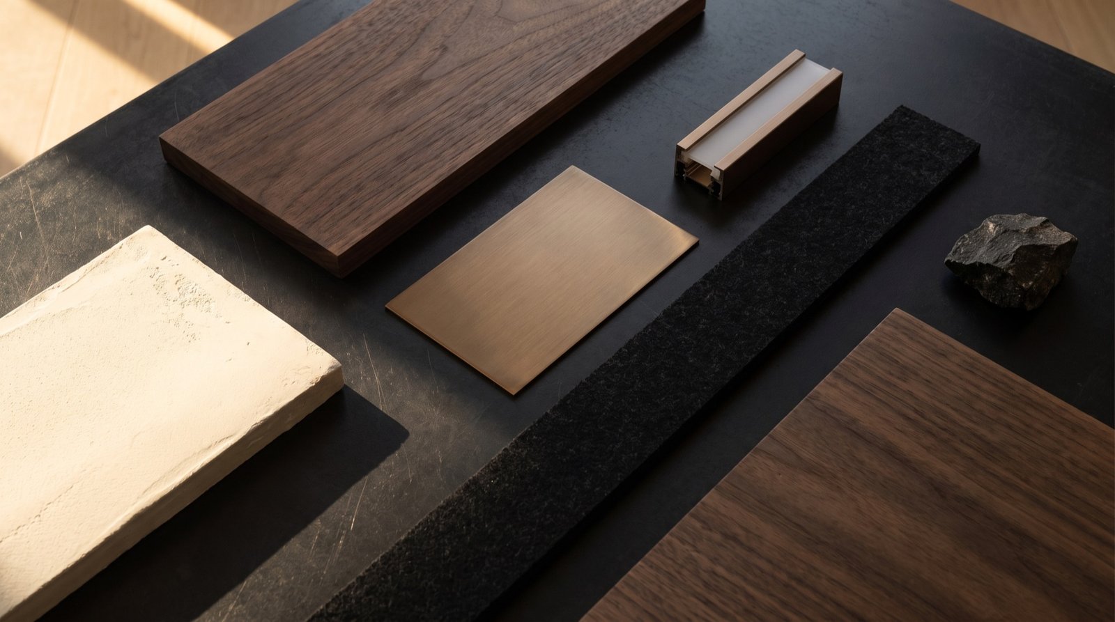 Walnut, ivory plaster, brushed bronze and black acoustic felt samples on a black steel table