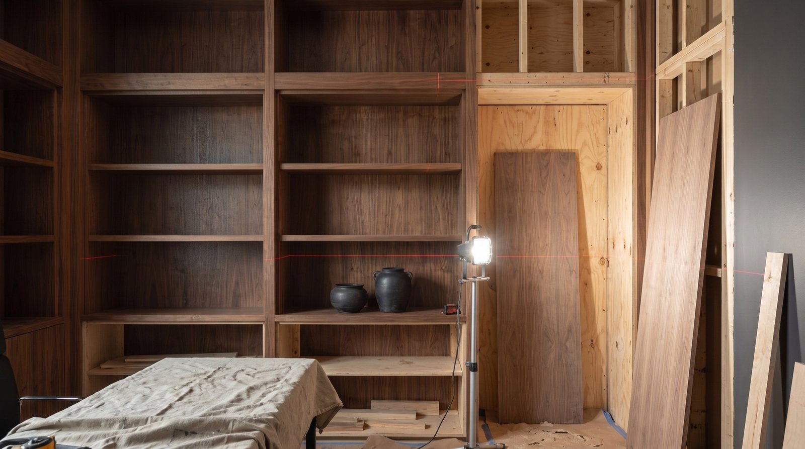 Walnut millwork panels being scribed and set during installation