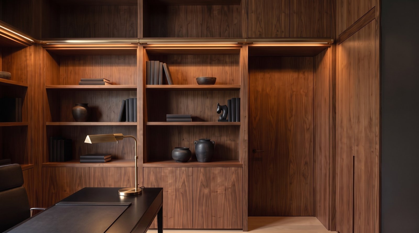 Design visualization of the walnut library wall with the door concealed in the shelving