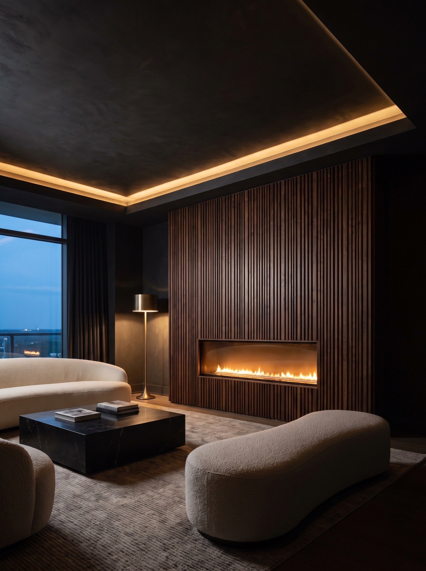 Fluted walnut feature wall with a recessed fireplace beside an ivory sofa