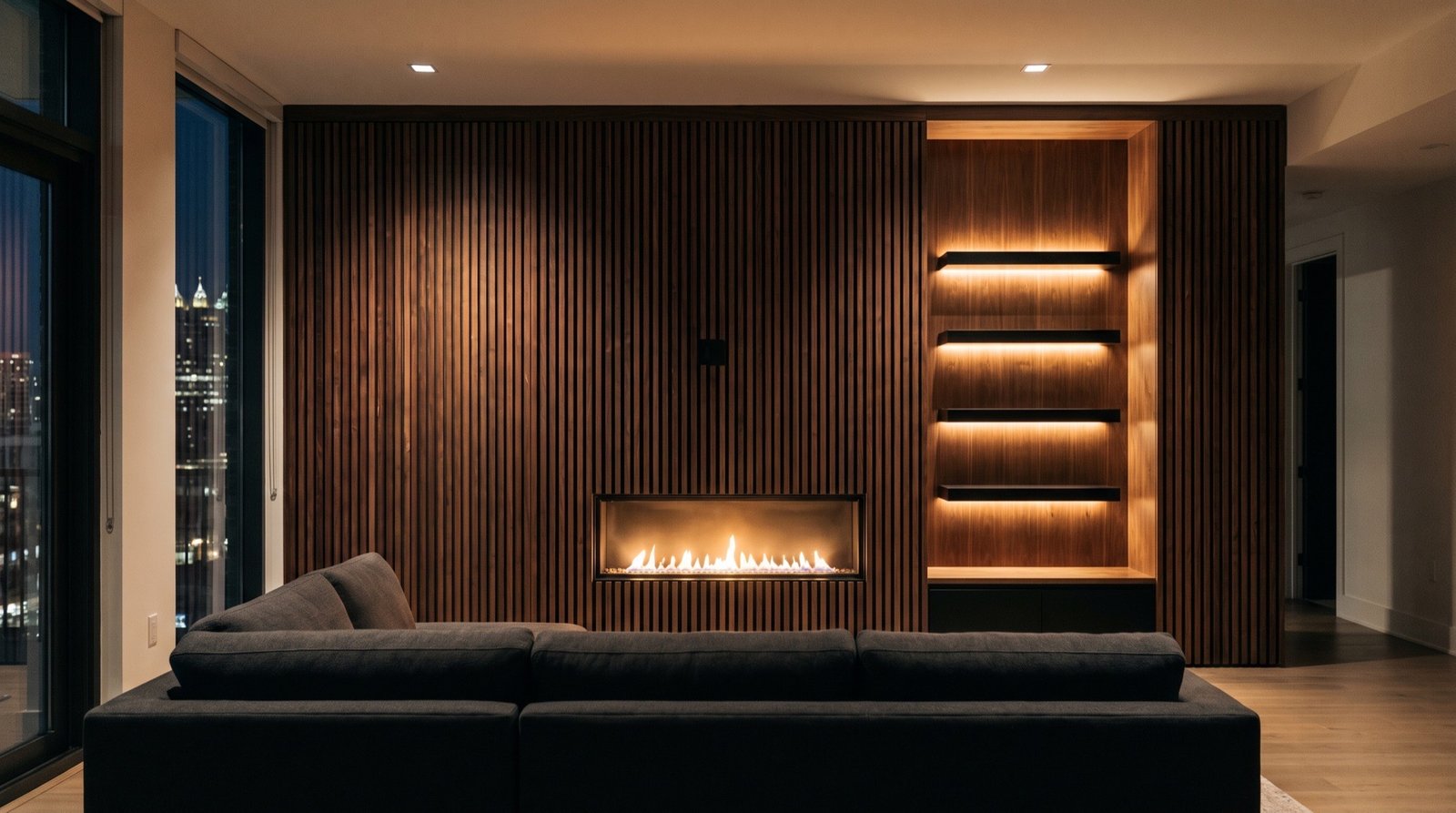 Living room after: walnut slat wall with a linear fireplace and lit shelving