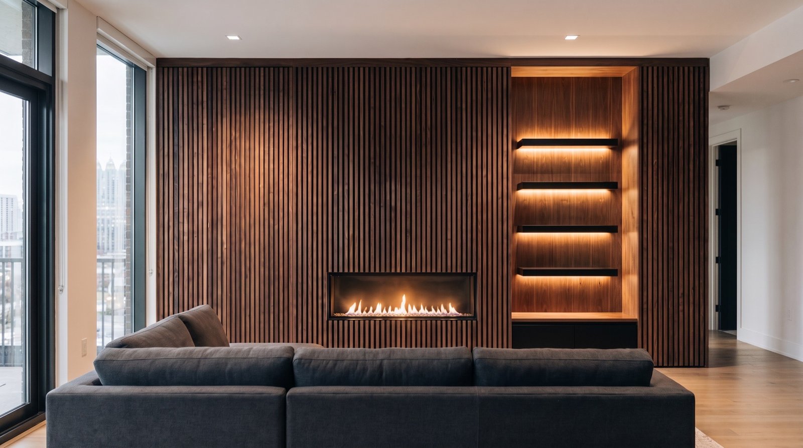 Design visualization of the walnut slat wall with a linear fireplace and lit niche