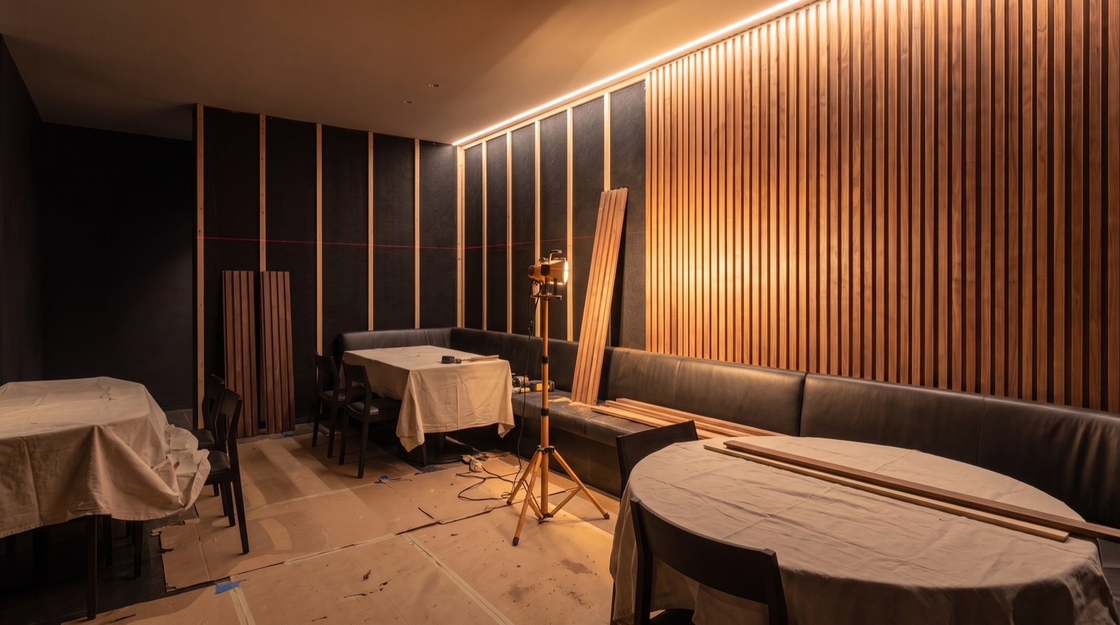 Walnut slat panels being set on the acoustic felt backing during installation
